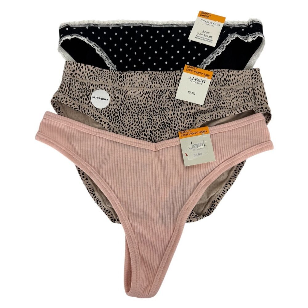 Alfani Jenni Charter Club NEW Mix Lot 3 Small Panty Thong Bikini Peach Black Tan